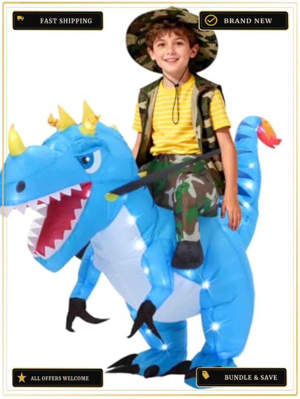 Inflatable Dinosaur Costume Kids Light Up T-Rex Blow Up Halloween Cosplay